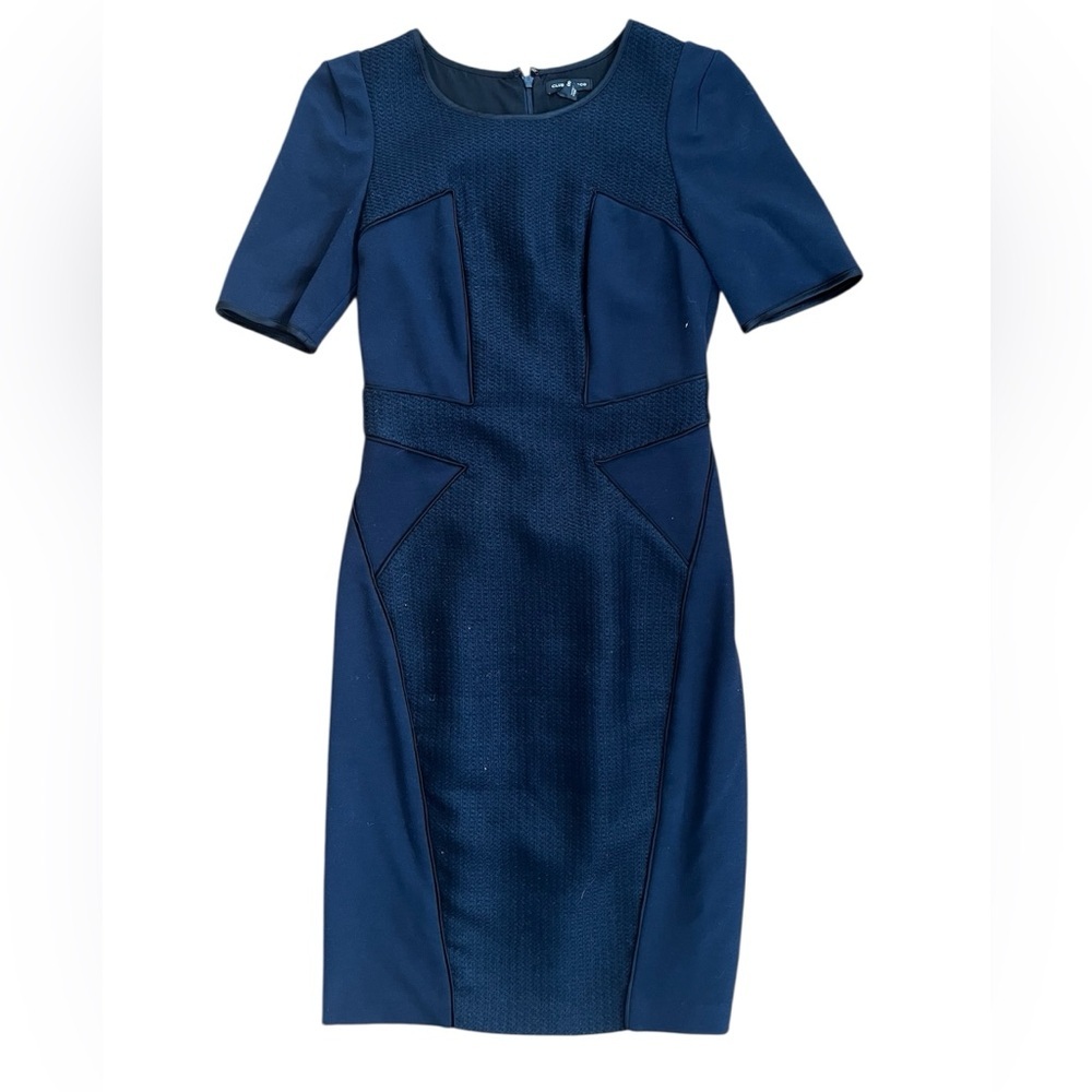 Club Monaco Navy Wool Blend Office Business Casual Panel Pencil Midi Dress